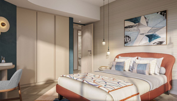 Artist’s perspective of a modern condominium bedroom with a cushioned bed, study desk, built-in storage, and contemporary artwork