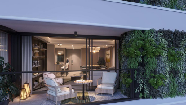 Artist’s perspective of an Haraya furnished private balcony beside a floor-to-ceiling vertical garden and sliding glass doors