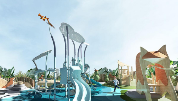Artist’s perspective of a colorful outdoor children’s playground with slides, climbing structures, and landscaped surroundingsArtist’s perspective of a colorful outdoor children’s playground with slides, climbing structures, and landscaped surroundings