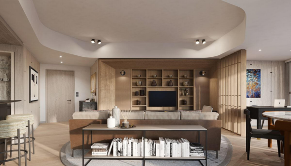 Artist’s perspective of an open-plan Haraya condominium interior with integrated living and dining areas, neutral finishes, and contemporary furnishings.