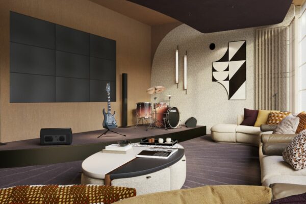 Entertainment room with musical instruments and lounge seating inside Haraya Residences
