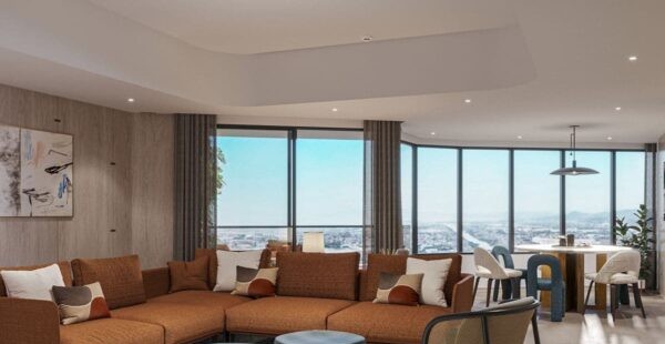 Artist’s perspective of a spacious Haraya Residences living and dining area with floor-to-ceiling windows overlooking the city