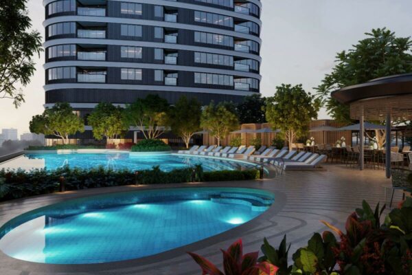 Resort-style pool and landscaped amenity deck at Haraya Residences in Bridgetowne Pasig
