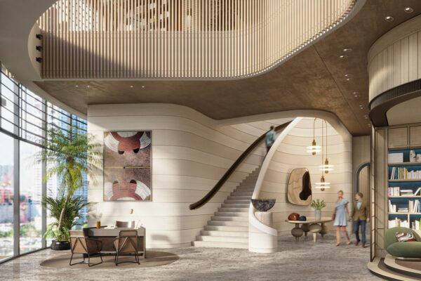 Elegant residents’ lounge at Haraya Residences with sculptural staircase, seating areas, artwork, and floor-to-ceiling windows