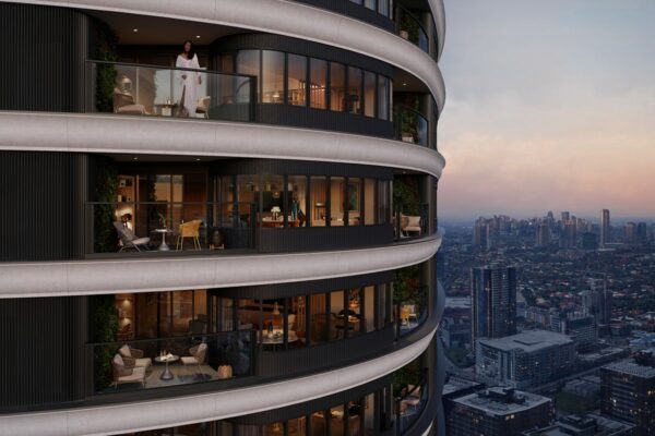 Haraya Residences condominium tower with curved balconies overlooking the Pasig city skyline