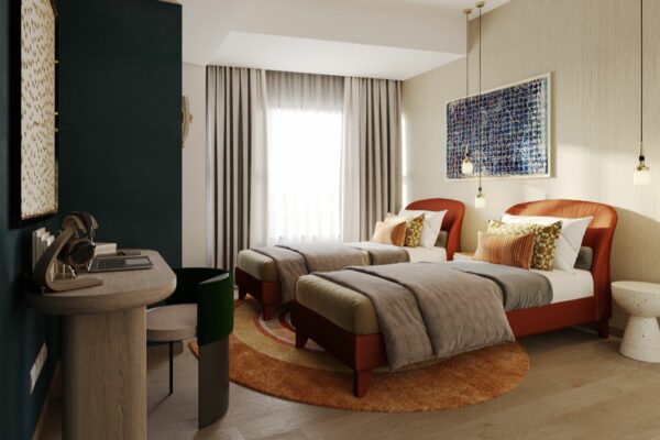Shared children’s bedroom with twin beds, a study desk, warm lighting, and floor-to-ceiling curtains